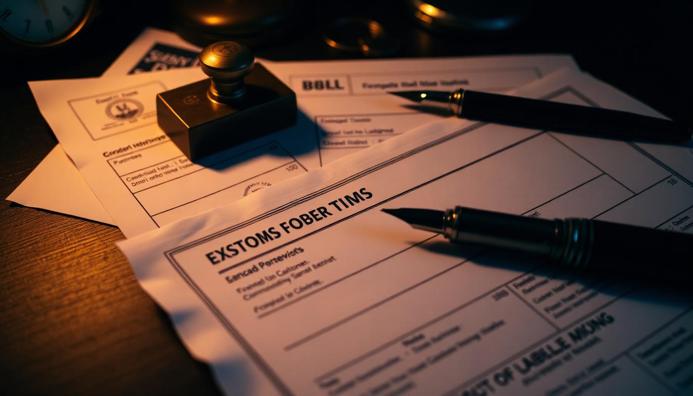 Stamped export customs documents on a desk